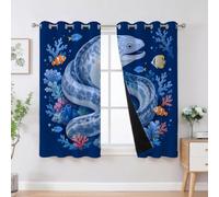 Rideaux Opaques imprimés murène Bleu, 140L X 260H cm (2 Panneaux) | bleu tropical, rideaux occultants imprimés corail pour chambre, tentures animaux aquatiques décoration