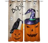 Rideaux Pour Salon Chambre A Coucher, Joyeux Halloween Citrouille Avec Chapeau De Sorciere Corbeau Fond Vintage Occultant Assombrissant Rideau De Porte Fenetre