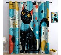 Rideaux Rétro Animal Imprimé Occultants Thermiques pour Maison Chambre Salon Fenetre, Rideaux Œillets Abstrait Géométrique Chat Noir 2 Panneaux 140 X 245 Cm (Lxh) pour Enfant Adulte Bleu