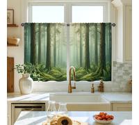 Rideaux rustiques avec passe-tringle, motif arbres, fougères, forêt, printemps, vert, café, décoration de fenêtre pour salle à manger, petit déjeuner, coin évier, 66 x 91,4 cm