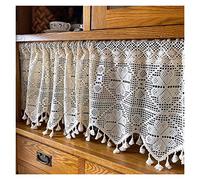 Rideaux rustiques beiges à pompons au crochet pour salon et chambre à coucher - Demi-fenêtre en dentelle florale - 1 panneau (l 220 x H40 cm)