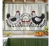 Rideaux rustiques pour petite fenêtre de cuisine sur évier - Motif poule et panier de fleurs - 106 x 114 cm - Noir