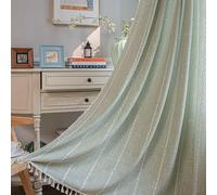 Rideaux semi-occultants en coton et lin de style rustique de style bohème pour chambre à coucher et salon - 160 cm de long - Rideaux de fenêtre texturés mignons de style bohème chic avec pompons - 140