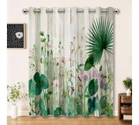 Rideaux Set de 2 pour Salon 110 x 215 cm, Vert Nature Réduction du Bruit Résistant à la décoloration Rideau, Aquarelle Fleurs Plantes Feuilles Imprimer Cuisine Salle de séjour Salle à Manger
