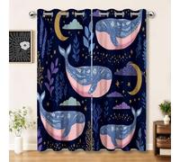 Rideaux Set de 2 pour Salon 117 x 183 cm, Bleu Foncé Dessin Animé Réduction du Bruit Résistant à la décoloration Rideau, Les Animaux Les Baleines La Lune Les Étoiles Salle de séjour Salle à Manger