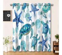 Rideaux Set de 2 pour Salon 117 x 183 cm, Bleu-Vert Dessin Animé Réduction du Bruit Résistant à la décoloration Rideau, Aquarelle Animaux Tortues Étoiles De Mer Cuisine Salle de séjour Salle à Manger