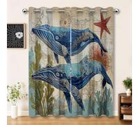 Rideaux Set de 2 pour Salon 75 x 166 cm, Bleu Dessin Animé Réduction du bruit Résistant à la décoloration Rideau, Animaux Baleines Étoiles De Mer Coraux Imprimer Cuisine Salle de séjour Salle à manger
