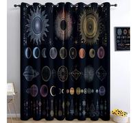 Rideaux Thème Spatial Imprimé Occultants Thermiques Pour Maison Chambre Salon Fenetre, Rideaux Œillets Mystère Astrologie Soleil Et Lune 2 Panneaux 110 X 215 Cm (Lxh) Pour Enfant Adulte Noir