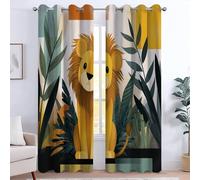 Rideaux Vert Foncé Occultant pour la Chambre, Rideaux à Oeillets de fenêtre isolés Thermiquement imprimés de Dessin Animé Dessiné À La Main Animal Lion pour Salon 140 L X 245 H cm (2 Panneaux)