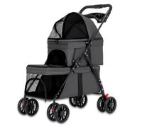 RIDEONMOP Poussette Double pour Chien et Chat, Chariot de Transport pour Animaux de Compagnie avec Roues verrouillables, Espace de Rangement, Poussette pour Chiens Pliable en Un Seul Geste,Noir