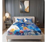 Rides Drap Housse 140 x 190 cm, Respirant Résistant Microfibre Aquarelle Loup Animé Fleurs modèle Drap Housse pour Les Quatre Saisons, Bleu Imprimé avec Bonnet 30 cm