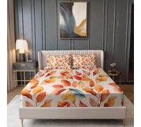 Rides Drap Housse 140 x 200 cm, Respirant Résistant Microfibre Aquarelle Abstraite De Feuilles d'automne modèle Drap Housse pour Les Quatre Saisons, Couleur Orange Imprimé avec Bonnet 30 cm