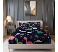 Rides Drap Housse 90 x 190 cm, Respirant Résistant Microfibre Dinosaures Dessins Animés Mignons avec des Cœurs modèle Drap Housse pour Les Quatre Saisons, Bleu-Gris Foncé Imprimé avec Bonnet 30 cm