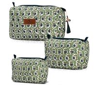 Ridhi Basil - Lot de 3 trousses de toilette et trousse de maquillage à imprimé bloc vert (25,4 x 15,2 x 10,2 cm) (20,3 x 12,7 x 8,25 cm) - Pochette matelassée à motif floral bohème pour cosmétiques