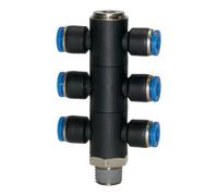 RIEGLER Riegler T-Collecteur multiple « Série Bleue », 6 voies, rotatif, R 1/8 à Ø4mm Quantité:1
