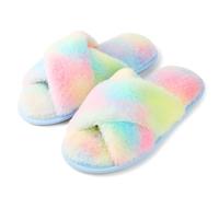 riemot Chaussons Femme Pantoufles en Mousse à Mémoire de Forme Antidérapantes et Confortables Chaussons Femme Hiver Pelucheuses Pelucheuses Bout Ouvert Slipper Pour Intérieur/extérieur,Rainbow,EU40-41