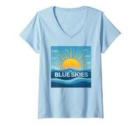 Rien Que Le Ciel Bleu - Sunny Optimism T-Shirt avec Col en V, Femme, Bleu Céleste, S