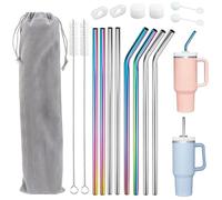 Rierousy 8 Pailles en Acier Inoxydable, Paille Métallique de 31cm pour Stanley Adventure Quencher 30oz/40oz Cup, Pailles Réutilisables en Acier Inoxydable Avec 2 Brosses de Nettoyage