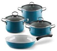Riess, 0519-010 Kit de démarrage 4 pièces, NOUVELLE - AQUAMARIN EXTRA FORT, composé de : marmite avec couvercle en verre de 16 et 20 cm, casserole avec couvercle en verre de 20 cm et poêle en émail de 28 cm
