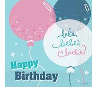 Riethmüller Lot de 16 grandes serviettes en papier « Happy Birthday - lebe, liebe, lache » - 33 x 33 cm - Grandes serviettes en papier avec inscription en allemand pour anniversaire - Décoration de