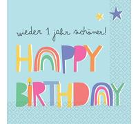 Riethmüller Lot de 16 grandes serviettes en papier « Happy Birthday - wieder 1 an schöner » - 33 x 33 cm - Grandes serviettes en papier avec inscription en allemand pour anniversaire - Décoration de