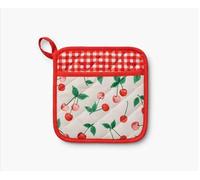 RIFLE PAPER CO. Manique imprimée numériquement motif cerise avec passepoil contrasté, construction en diamant matelassé, boucle d'angle pour accrocher, fente pour la main, 20,3 x 20,3 cm (l x L)