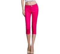 Rifuli Jean 3/4 pour femme - Taille basse - Coupe ajustée - Pantacourt - Skinny, rose vif, L