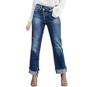 Rifuli Jean boyfriend taille basse pour adolescentes, filles et femmes, jeans asymétriques à jambe droite, jeans droits, bleu, L
