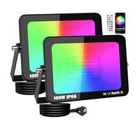 RIGIDON 2 Pcs 100W RGB Projecteur LED Exterieur, 10000LM Intelligente Multicolore Spot LED Couleur, IP66 Etanche changement de couleur RGBW Interieur pour Terrasse Jardin Garage lampe