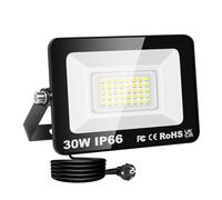 RIGIDON Projecteur Led Extérieur Avec Prise, 1x 30W 3000LM IP66 étanche Éclairage de Sécurité, Spot Led Lampe pour Patio Garage Terrasse Jardin Chantier Muraux Atelier, 6000K Blanc Froid Luminaires