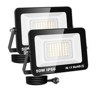 RIGIDON Projecteur Led Extérieur Avec Prise, 2x 50W 5000LM IP66 étanche Éclairage de Sécurité, Spot Led Lampe pour Patio Garage Terrasse Jardin Chantier Muraux Atelier, 3000K Blanc Chaud Luminaires