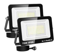 RIGIDON Projecteur Led Extérieur Avec Prise, 2x 75W 7500LM IP66 étanche Éclairage de Sécurité, Spot Led Lampe pour Patio Garage Terrasse Jardin Chantier Muraux Atelier, 6000K Blanc Froid Luminaires