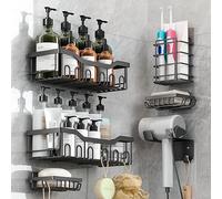 Rigors 6 Pièces Étagère de Douche Sans Perçage, Salle de Bain en Acier Inoxydable Avec Crochets, Rangement Auto-adhésif pour Salle (Noir)