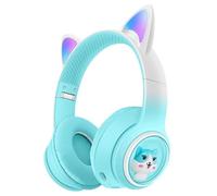 RigWig AKZ-60 Casque Bluetooth pour enfants avec micro, lumière LED oreilles de chat, casque pliable sans fil pour filles et garçons, 10 heures de lecture, volume sûr 85 dB, iPad/tablette/PC/école
