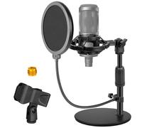 Rigych Support de microphone de bureau réglable avec pied en métal stable, support antichoc, coupe-vent, pince de microphone et adaptateur pour microphone AT2020, HyperX QuadCast, Blue Yeti, Shure