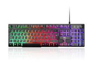 Rii Clavier Gamer - AZERTY - Nouveau Clavier USB Filaire - 105 Touches Semi-Mécaniques - 5 Couleurs LED Rétro - 11 Raccourcis Multimédia - pour PC Mac - PS4 PS5 - Noir