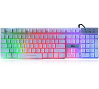Rii RK100+ Clavier de jeu blanc, filaire USB, plusieurs couleurs, rétroéclairé à DEL arc-en-ciel, grande taille, sensation mécanique, clavier multimédia ultra fin antidérapant pour jeux et travail,