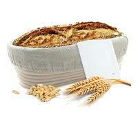 riijk Banneton à Pain + Racleur de Pâte - Panier Naturel (Oval, Ø 35 cm) pour Faire Son Propre Pain - Tissu en Lin Inclus - Serré avec de l’Acier Inoxydable