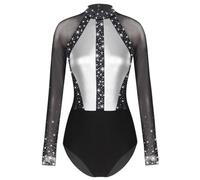 Riismen Collant Pour Mesdames Manches Longues Combinaison De Gymnastique Avec Strass Patchwork Métallique Combinaison De Danse Ballet Collant Concours Justaucorps Gris foncé M