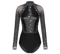Riismen Collant Pour Mesdames Manches Longues Combinaison De Gymnastique Avec Strass Patchwork Métallique Combinaison De Danse Ballet Collant Concours Justaucorps Noir S