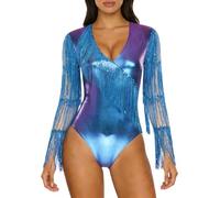 Riismen Combinaison Défilé Disco Col V Manches Longues En Mailles Fringues En Paillettes Métalliques Scintillantes Pour Femmes Bleu XL