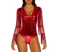 Riismen Combinaison Défilé Disco Col V Manches Longues En Mailles Fringues En Paillettes Métalliques Scintillantes Pour Femmes Rouge S