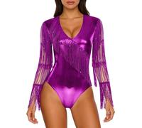 Riismen Combinaison Défilé Disco Col V Manches Longues En Mailles Fringues En Paillettes Métalliques Scintillantes Pour Femmes Violet S