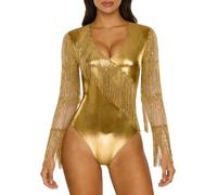 Riismen Combinaison Défilé Disco Col V Manches Longues En Mailles Fringues En Paillettes Métalliques Scintillantes Pour Femmes Or XXL