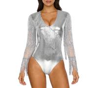 Riismen Combinaison Défilé Disco Col V Manches Longues En Mailles Fringues En Paillettes Métalliques Scintillantes Pour Femmes Argent XXL