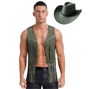 Riismen Costume Cowboy Homme Gilet En Daim Veste Sans Manches Haut Marron Ensemble Vêtements Pour Fête D Halloween Avec Chapeau De Cowboy Vert armée XXL