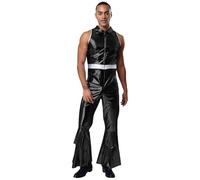 Riismen Costume De Danse Disco Des Années Pour Hommes Combinaison À Capots Évasée Sans Manches Métallique Brillante Tenues Pour Fête De Rave Noir L