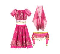 Riismen Costume De Danse du Ventre pour Fille Haut À Paillettes avec Longue Jupe De Danse Et Foulard Tenue De Princesse Indienne pour Halloween Cosplay Déguisement De Carnaval Rose Vif 2-3 Ans