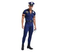 Riismen Costume Police Homme Avec Tenue De Policier Uniforme De Flic Combinaison Manches Courtes Combinaison Intégrale Carnaval Fête À Thème Déguisement Bleu XXL
