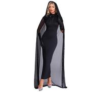 Riismen Costume Sorcière Vampire Gothique Pour Femme Robe Maxi Bodycon Sans Manches Avec Capuche En Maillage Et Gants Noir XL